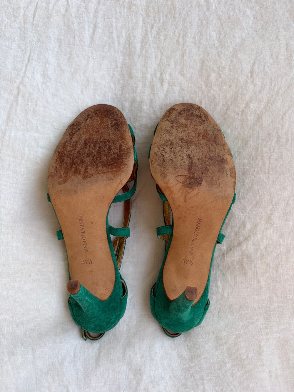 Vintage Manolo Blahnik Suede Strappy Loop Open Toe Heels Emerald Green - Picture 10 of 11